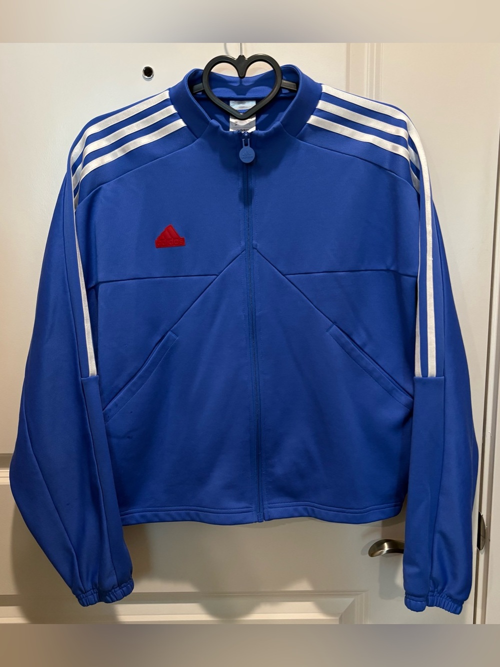Sample adidas Blue Track Oversized Jacket with White Stripes and Red Logo